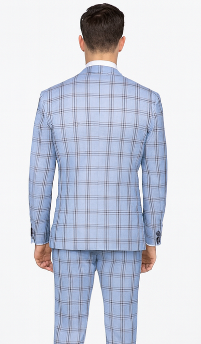 Rossi Man MAX RM1822 Slim Fit 3-Piece Suit β Light Blue & Brown Plaid Formal Suit for Men