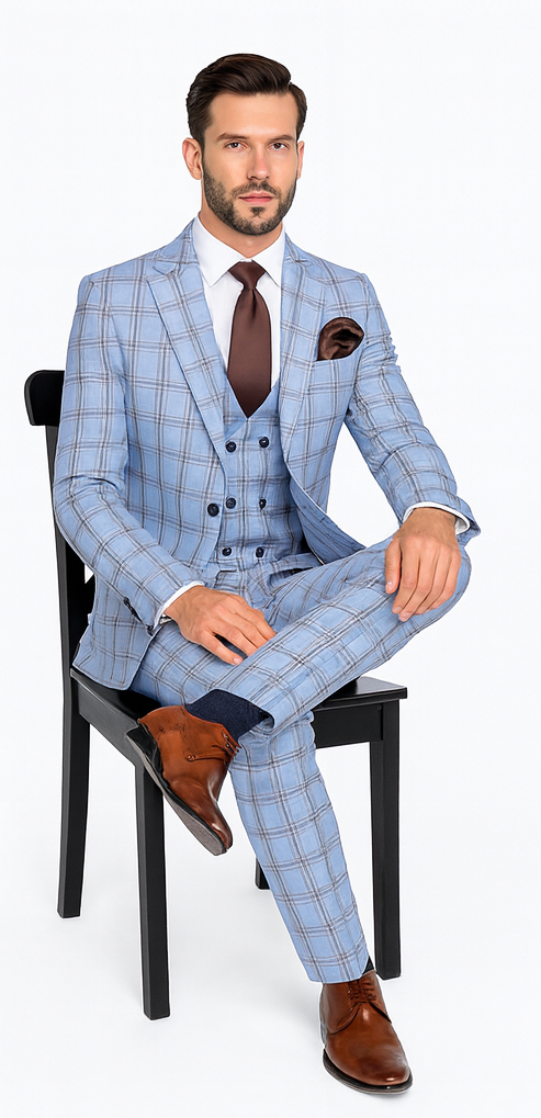 Rossi Man MAX RM1822 Slim Fit 3-Piece Suit – Light Blue & Brown Plaid Formal Suit for Men