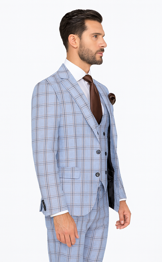 Rossi Man MAX RM1822 Slim Fit 3-Piece Suit – Light Blue & Brown Plaid Formal Suit for Men
