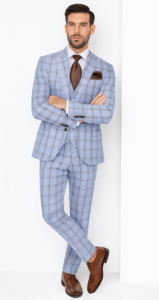Rossi Man MAX RM1822 Slim Fit 3-Piece Suit – Light Blue & Brown Plaid Formal Suit for Men