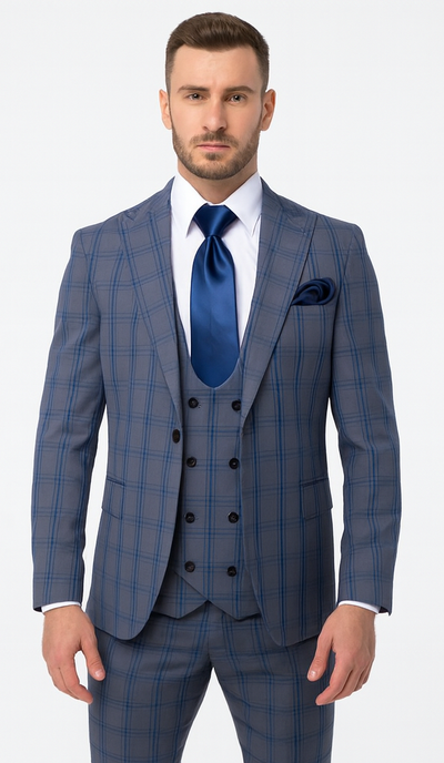 Rossi Man MAX RM1823 Slim Fit 3-Piece Blue Plaid Suit β Tailored for Weddings & Business