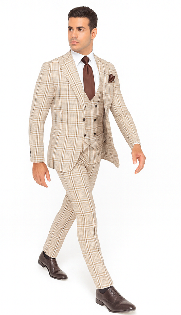 Rossi Man MAX RM1824 Light Brown Slim Fit 3-Piece Suit – Men’s Formalwear