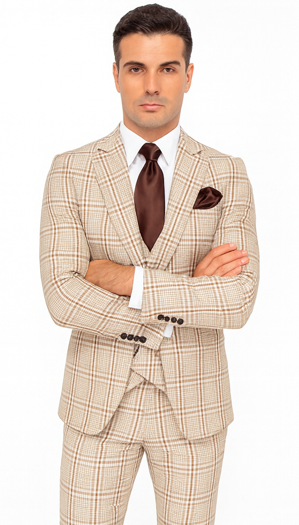 Rossi Man MAX RM1824 Light Brown Slim Fit 3-Piece Suit – Men’s Formalwear