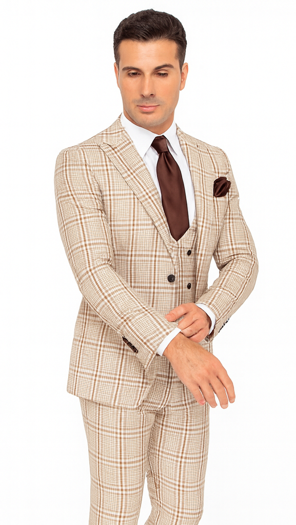 Rossi Man MAX RM1824 Light Brown Slim Fit 3-Piece Suit – Men’s Formalwear