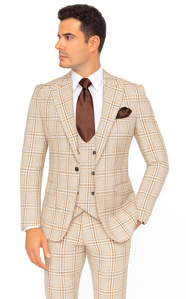 Rossi Man MAX RM1824 Light Brown Slim Fit 3-Piece Suit – Men’s Formalwear