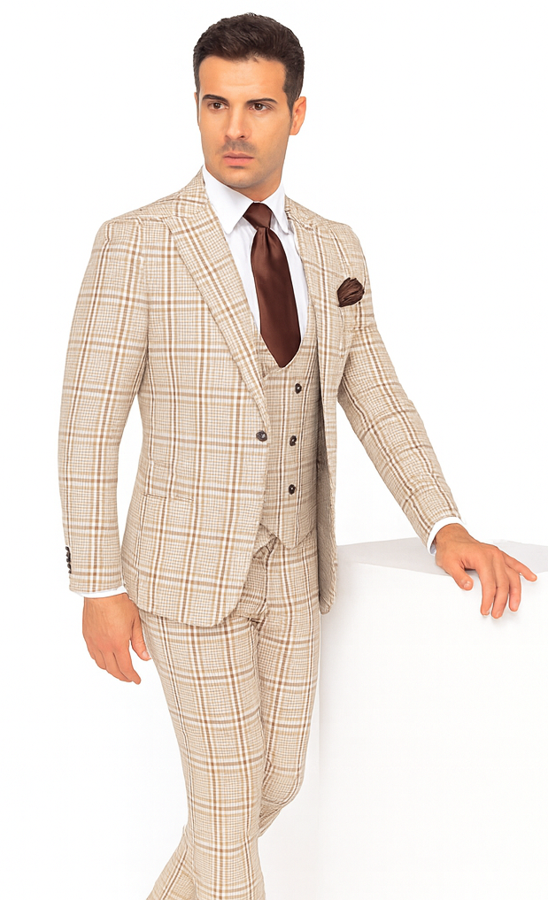 Rossi Man MAX RM1824 Light Brown Slim Fit 3-Piece Suit – Men’s Formalwear