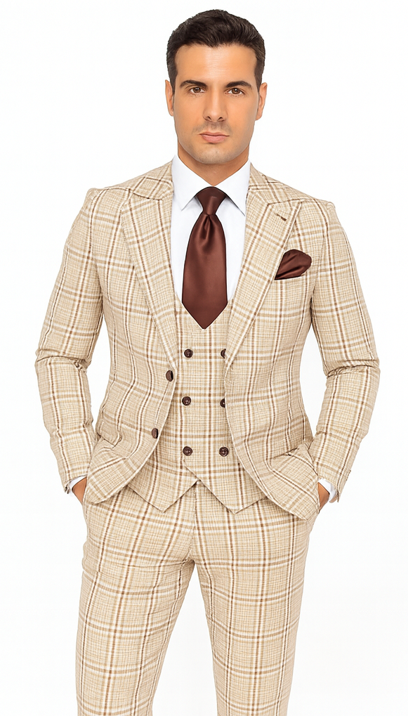Rossi Man MAX RM1824 Light Brown Slim Fit 3-Piece Suit – Men’s Formalwear