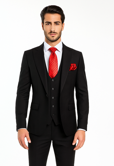 Rossi Man Menβs Slim Fit Black Suit | Double-Breasted Vest β Elegant Italian Formalwear for Men