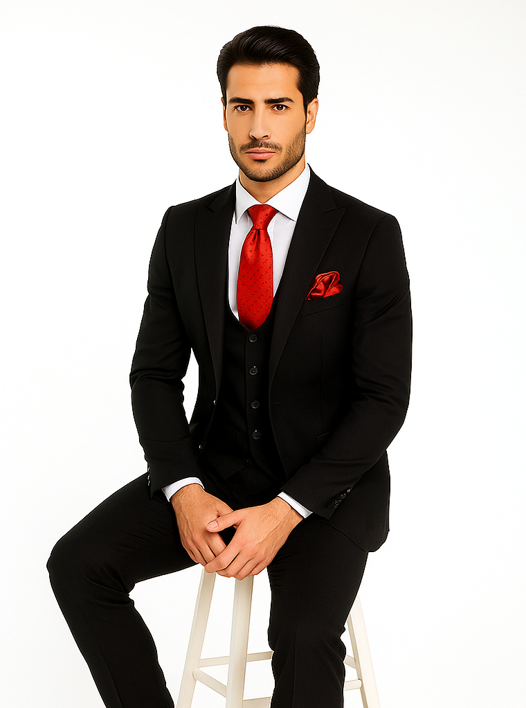 Rossi Man Men’s Slim Fit Black Suit | Double-Breasted Vest – Elegant Italian Formalwear for Men