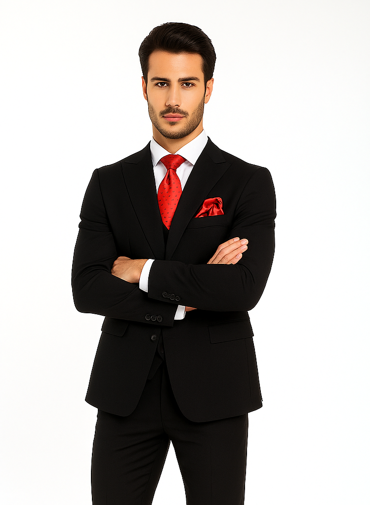 Rossi Man Men’s Slim Fit Black Suit | Double-Breasted Vest – Elegant Italian Formalwear for Men