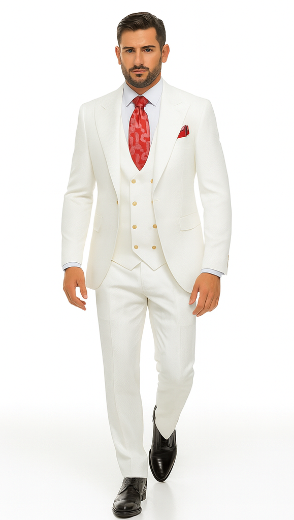 Rossi Man Slim Fit 3-Piece White Suit – Peak Lapel Jacket with Double-Breasted Vest