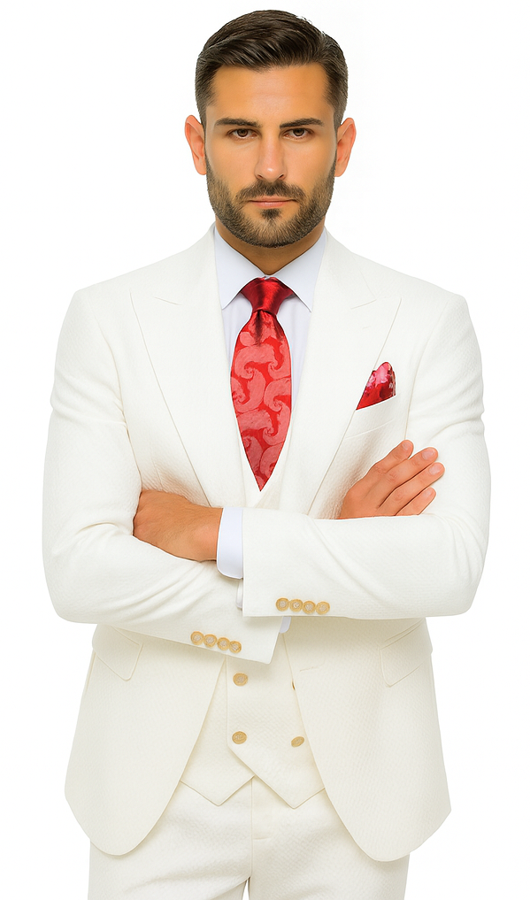 Rossi Man Slim Fit 3-Piece White Suit – Peak Lapel Jacket with Double-Breasted Vest