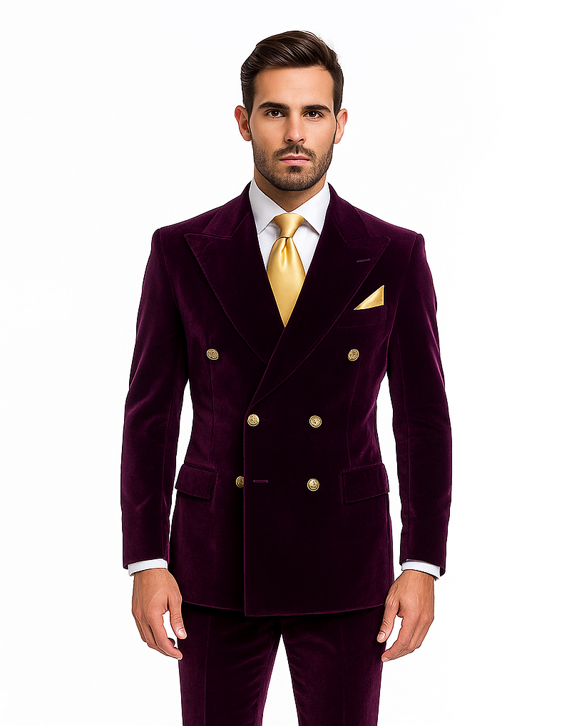 Dark Purple Velvet Double breasted Suit Slim Fit by Rossiman
