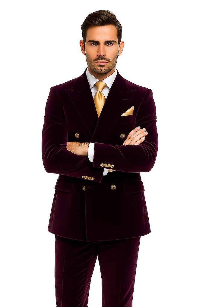 Dark Purple Velvet Double breasted Suit Slim Fit by Rossiman
