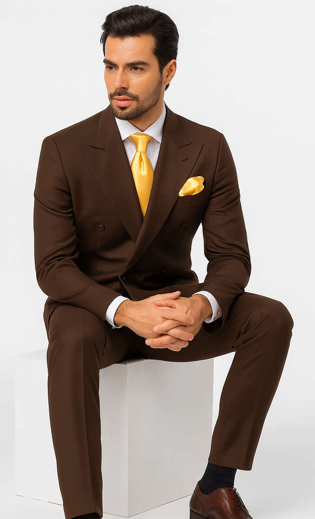 Rossiman Men’s Brown Wool Suit – Classic Fit with Baggy Pleated Wide-Leg Trousers