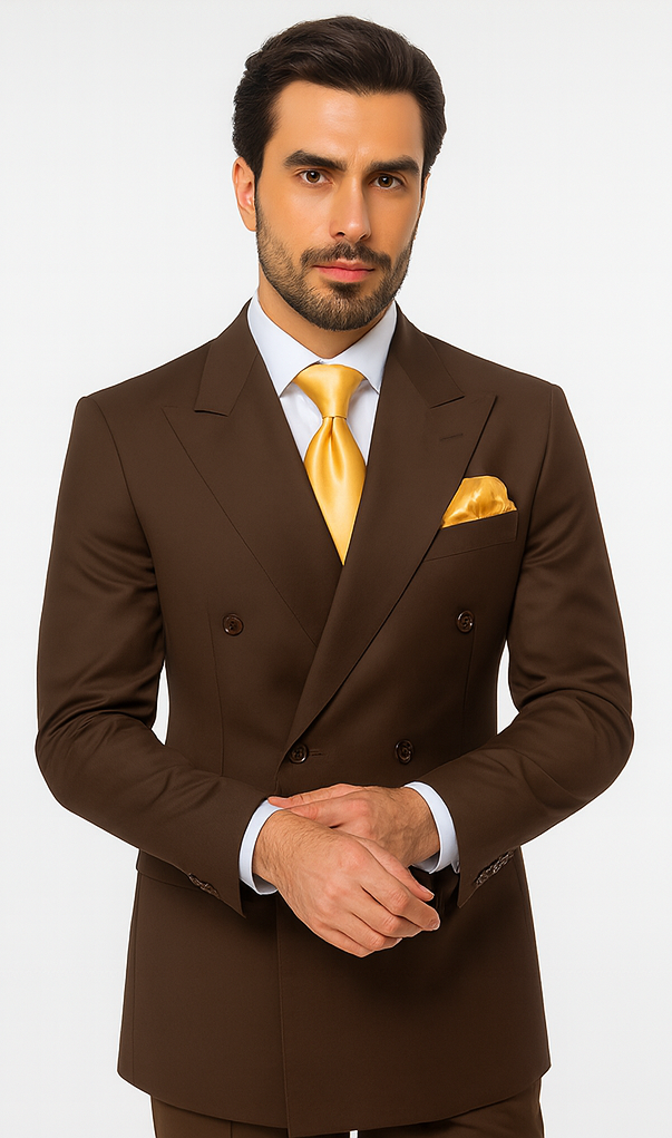 Rossiman Men’s Brown Wool Suit – Classic Fit with Baggy Pleated Wide-Leg Trousers