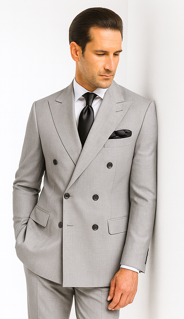 Rossiman Men’s Grey Wool Suit – Classic Fit with Baggy Pleated Wide-Leg Trousers