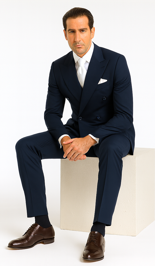 Rossiman Men’s Navy Wool Suit – Classic Fit with Baggy Pleated Wide-Leg Trousers