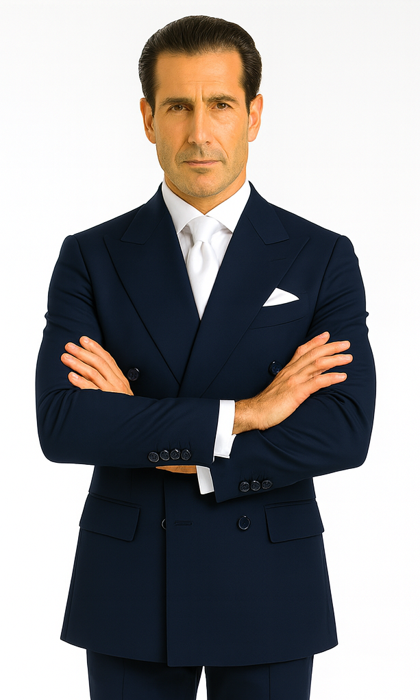 Rossiman Men’s Navy Wool Suit – Classic Fit with Baggy Pleated Wide-Leg Trousers