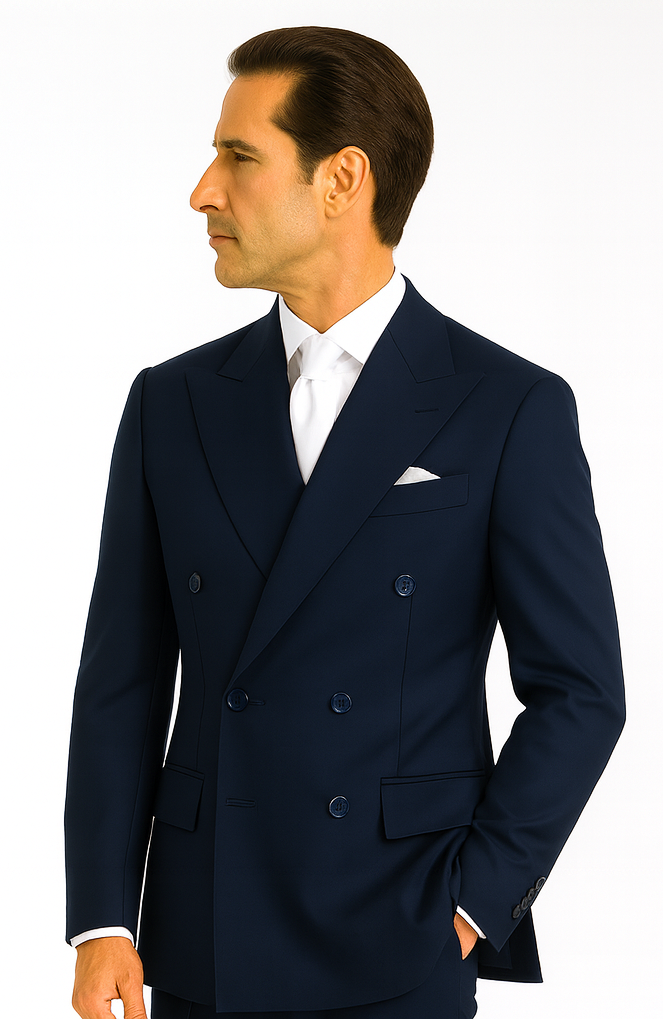 Rossiman Men’s Navy Wool Suit – Classic Fit with Baggy Pleated Wide-Leg Trousers