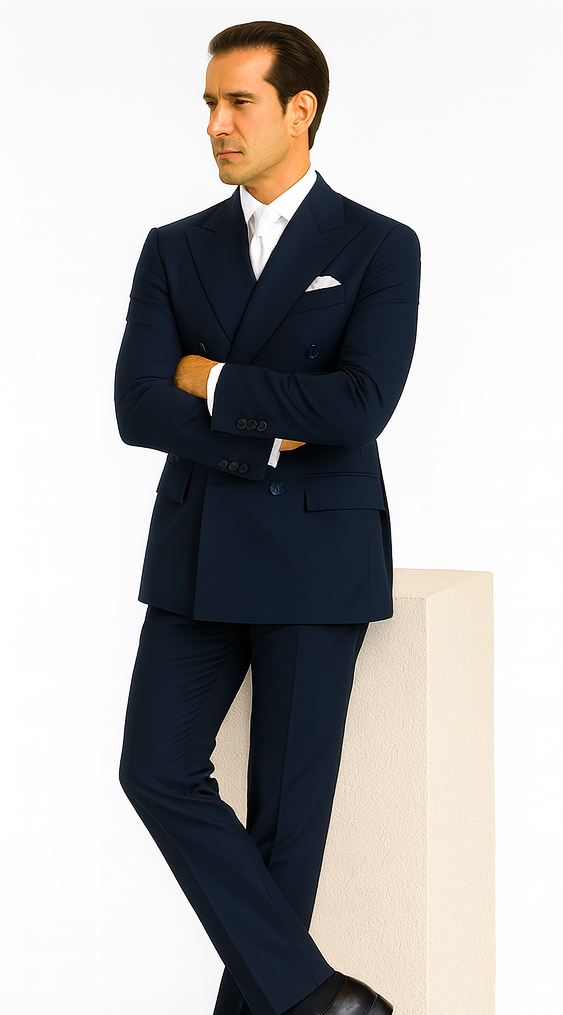 Rossiman Men’s Navy Wool Suit – Classic Fit with Baggy Pleated Wide-Leg Trousers