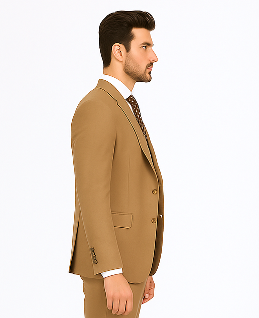 Rossiman Men’s Tan Suit | Gold Buttons & Double-Breasted Vest Elegance – Italian Tailored Luxury Suit for Men