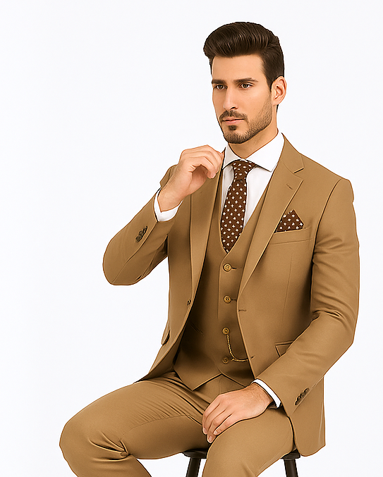 Rossiman Men’s Tan Suit | Gold Buttons & Double-Breasted Vest Elegance – Italian Tailored Luxury Suit for Men