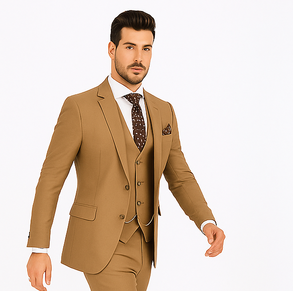 Rossiman Men’s Tan Suit | Gold Buttons & Double-Breasted Vest Elegance – Italian Tailored Luxury Suit for Men