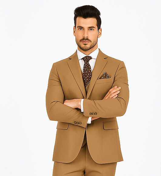 Rossiman Men’s Tan Suit | Gold Buttons & Double-Breasted Vest Elegance – Italian Tailored Luxury Suit for Men