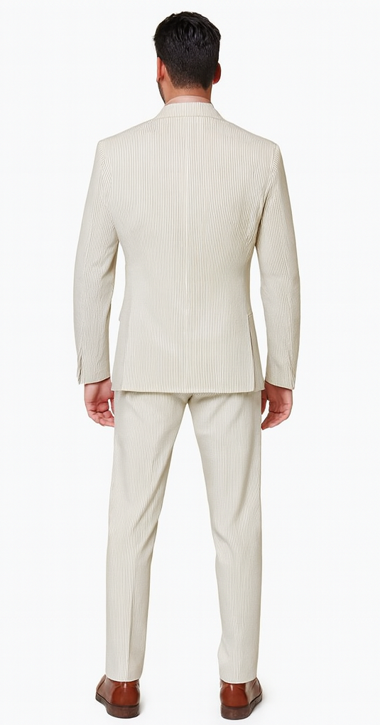 Rossiman Men’s Beige Seersucker Suit – Peak Lapel Suit with Tone-on-Tone Shadow Stripe