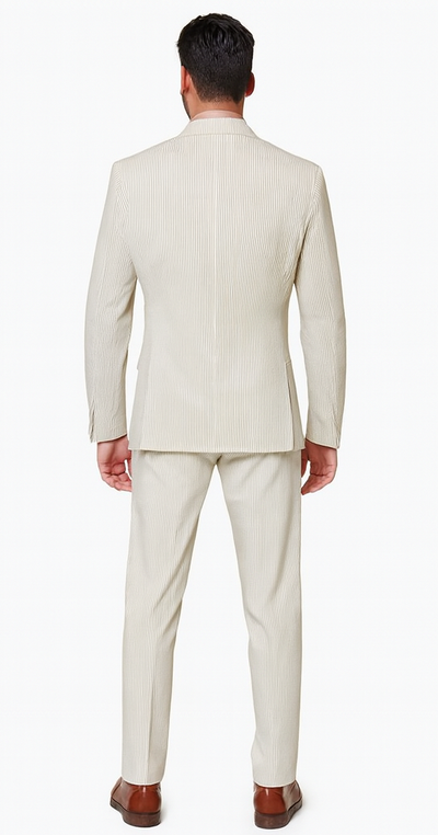 Rossiman Men’s Beige Seersucker Suit – Peak Lapel Suit with Tone-on-Tone Shadow Stripe