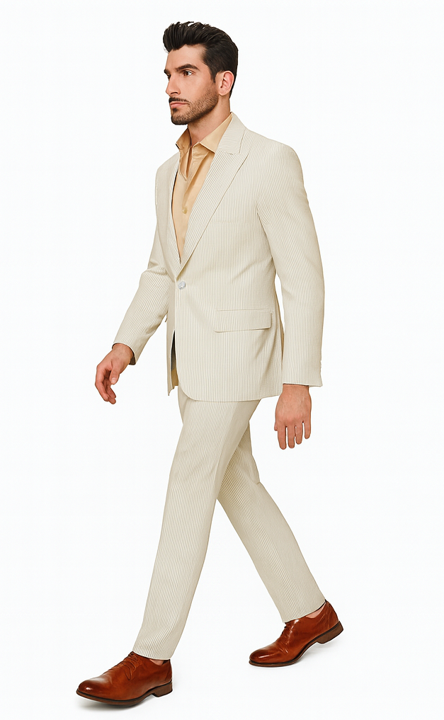 Rossiman Men’s Beige Seersucker Suit – Peak Lapel Suit with Tone-on-Tone Shadow Stripe
