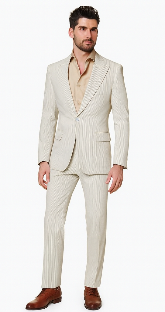 Rossiman Men’s Beige Seersucker Suit – Peak Lapel Suit with Tone-on-Tone Shadow Stripe