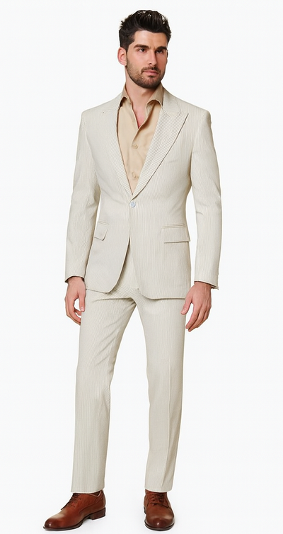 Rossiman Men’s Beige Seersucker Suit – Peak Lapel Suit with Tone-on-Tone Shadow Stripe