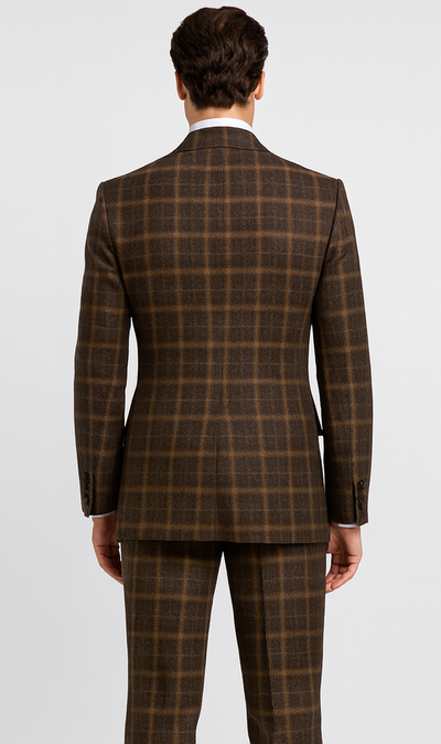 Rossiman Menβs Brown Windowpane Plaid Double-Breasted Wool Suit β Classic Formalwear