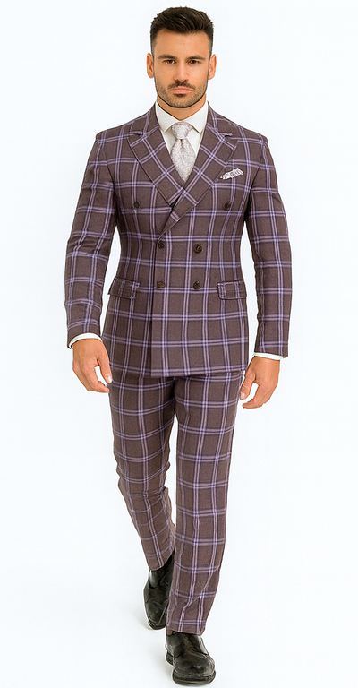 Rossiman Men’s Gray & Lavender Plaid Double-Breasted Suit