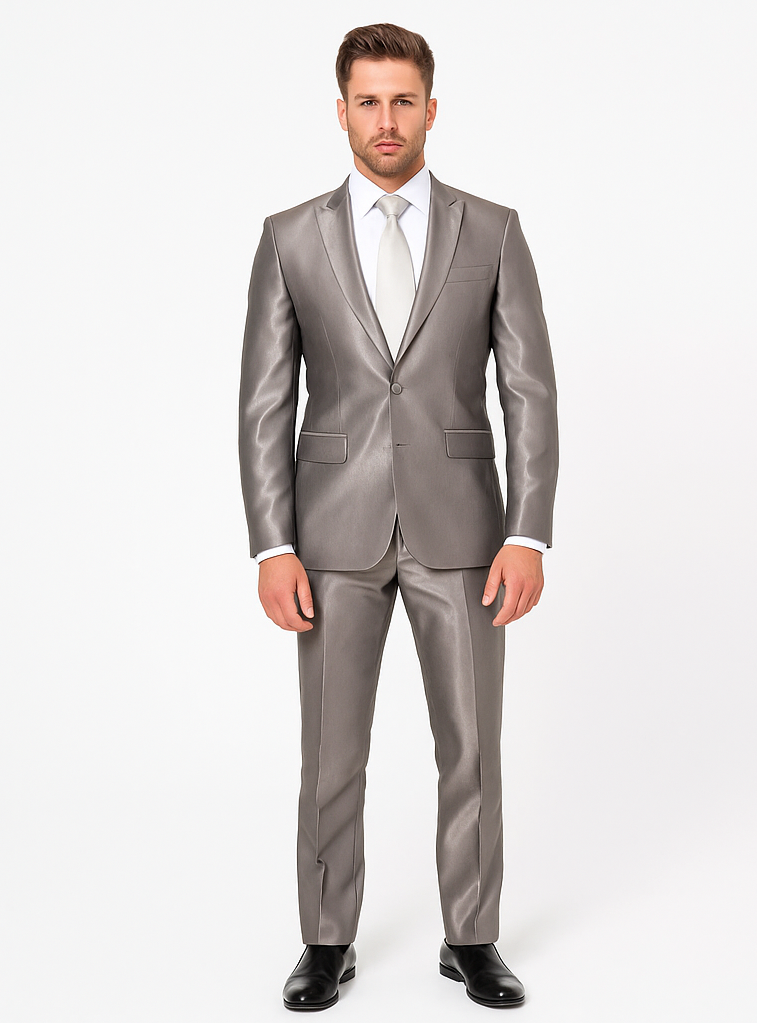 Rossiman Men’s Gray Shiny Sateen Suit | Sleek & Modern Formalwear – Italian Tailored Double-Breasted Luxury Suit