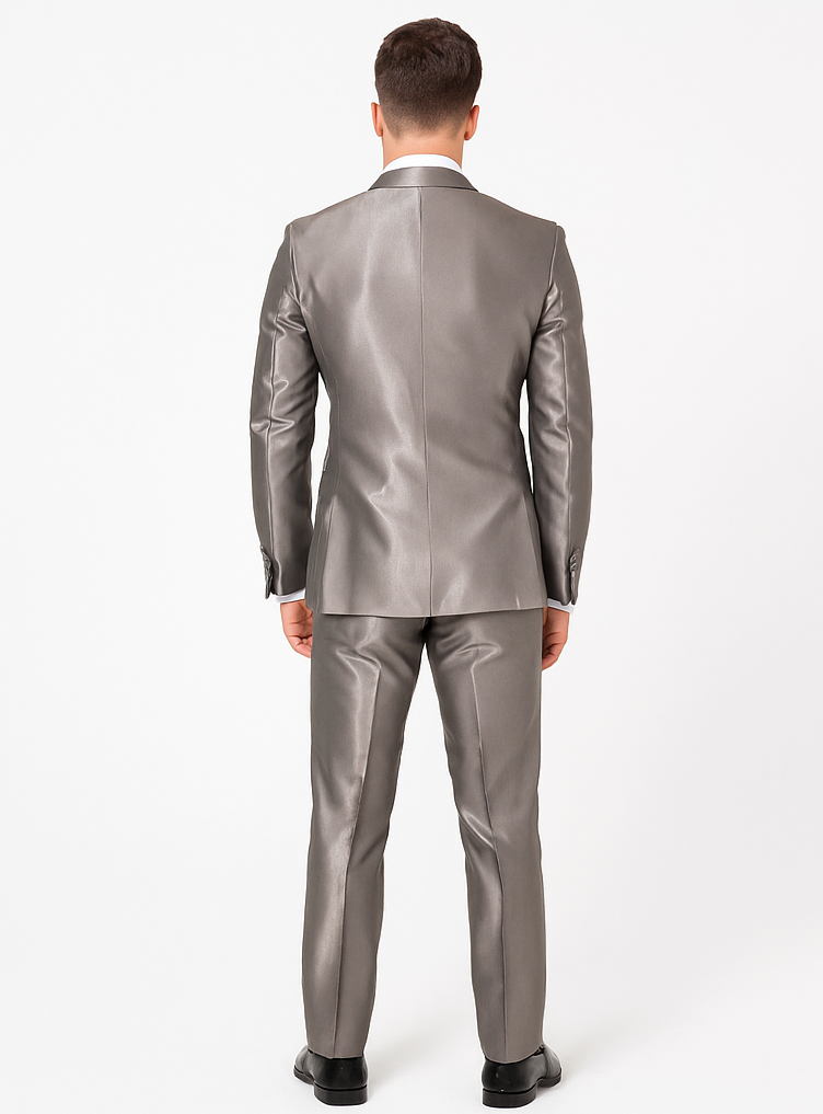 Rossiman Men’s Gray Shiny Sateen Suit | Sleek & Modern Formalwear – Italian Tailored Double-Breasted Luxury Suit