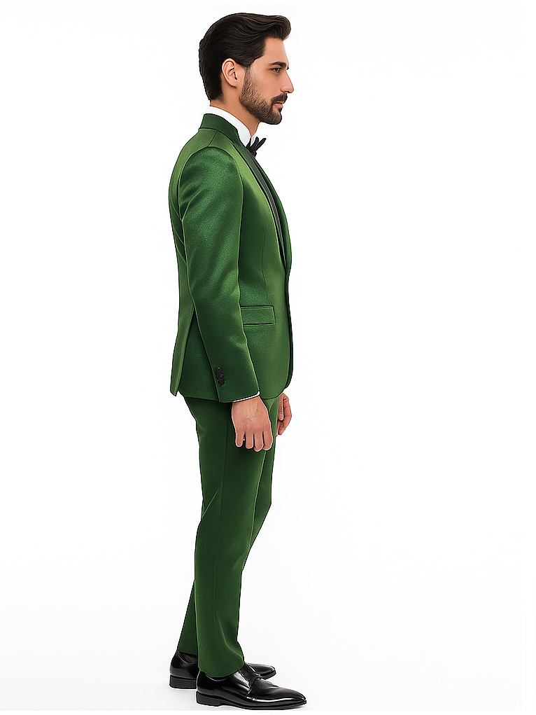 Rossiman Men’s Green Sateen Suit | Glossy Finish with Modern Flair – Italian Tailored Double-Breasted Luxury Suit