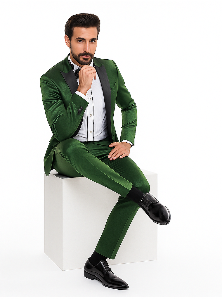 Rossiman Men’s Green Sateen Suit | Glossy Finish with Modern Flair – Italian Tailored Double-Breasted Luxury Suit