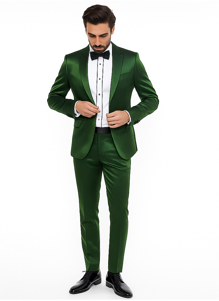 Rossiman Men’s Green Sateen Suit | Glossy Finish with Modern Flair – Italian Tailored Double-Breasted Luxury Suit