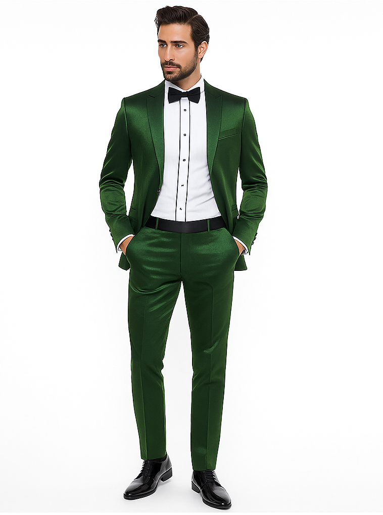 Rossiman Men’s Green Sateen Suit | Glossy Finish with Modern Flair – Italian Tailored Double-Breasted Luxury Suit