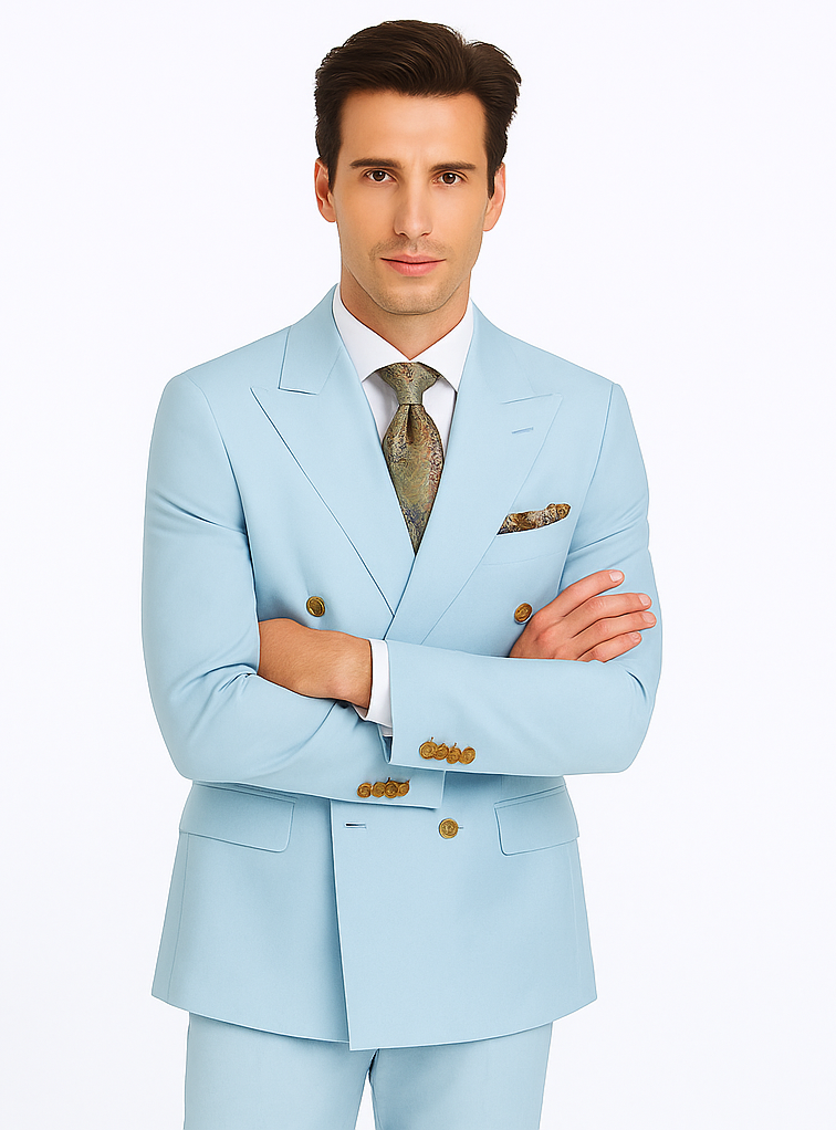 Rossiman Men’s Light Blue Slim Fit Suit | Elegant Double-Breasted Design – Italian Tailored 3-Piece Luxury Suit