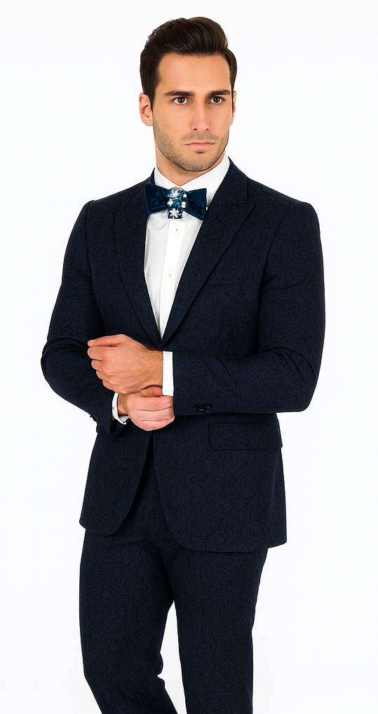 Rossiman Men’s Navy Blue Seersucker Suit – Peak Lapel Suit with Tone-on-Tone Shadow Stripe