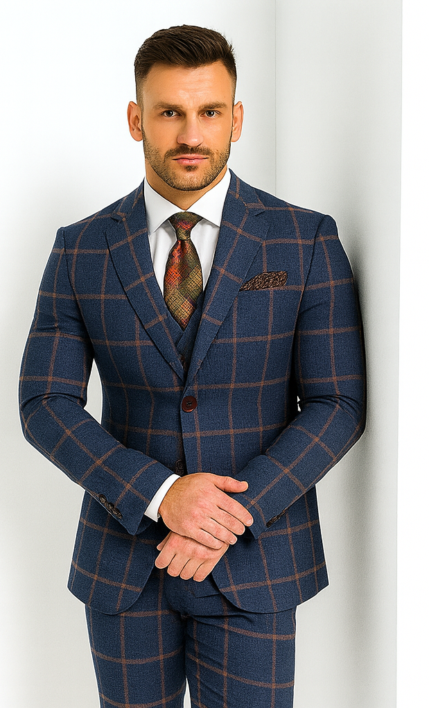 Rossiman Men’s Navy & Gray Plaid Double-Breasted Suit – Two-Piece Formalwear