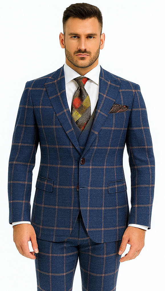 Rossiman Men’s Navy & Gray Plaid Double-Breasted Suit – Two-Piece Formalwear