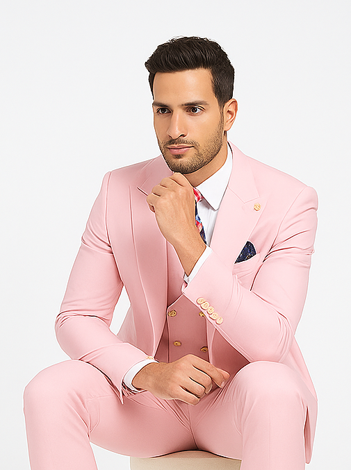 Rossiman Men’s Pink Suit | 1-Button Peak Lapel Jacket & Double-Breasted Vest – Italian Tailored 3-Piece Luxury Suit