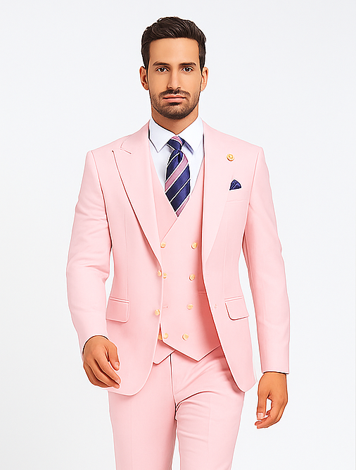 Rossiman Men’s Pink Suit | 1-Button Peak Lapel Jacket & Double-Breasted Vest – Italian Tailored 3-Piece Luxury Suit