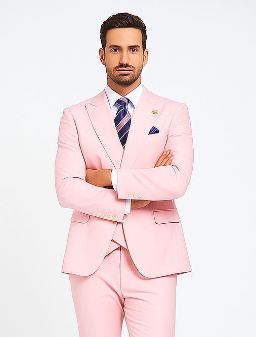 Rossiman Men’s Pink Suit | 1-Button Peak Lapel Jacket & Double-Breasted Vest – Italian Tailored 3-Piece Luxury Suit