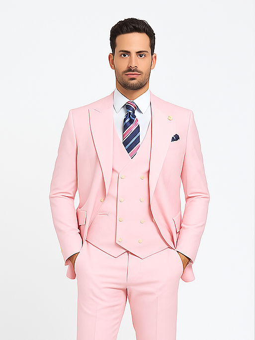 Rossiman Men’s Pink Suit | 1-Button Peak Lapel Jacket & Double-Breasted Vest – Italian Tailored 3-Piece Luxury Suit